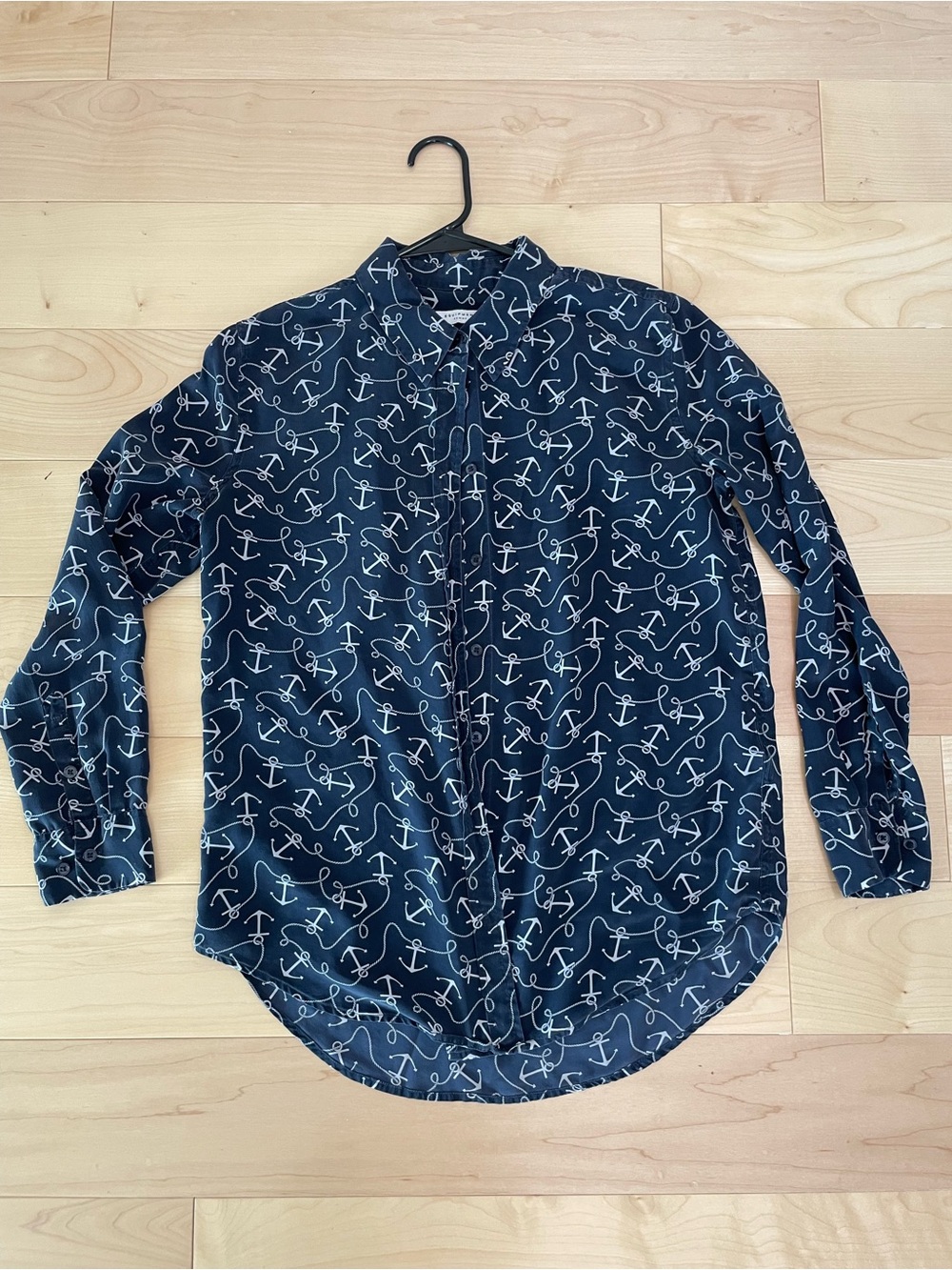 Equipment Femme 100% Silk Navy Blue & White Anchor Rope Print Long Sleeve Blouse